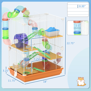 lot 318 image: PawHut 5 Tiers Hamster Cage Portable Animal Travel Carrier w Exercise Wheels Tube, Orange