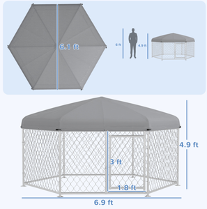 lot 320 image: PawHut 6.9 x 6.1 x 4.9 Dog Kennel Outdoor for Medium and Large-Sized Dogs with Waterproof UV Resistant Roof, Silver