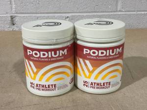 lot 154 image: LOT OF 2 Podium Nutrition, Athlete Pre Workout Powder, Blue Rasberry, 25 Servings, Beta Alanine and Caffiene for Energy, Gluten Free, Soy Free, Dairy Free (EXP 012026)