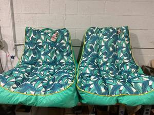 lot 91 image: LOT OF 2 Big Joe Captains Float No Inflation Needed Pool Lounger with Drink Holder, Turquoise Tropical Palm Double Sided Mesh, Quick Draining Fabric