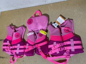 lot 262 image: LOT OF 3 Body Glove  (2) Childs Neoprene PFD Life Jacket and Vest, Girl, 33-55 lbs., Blue & (1) Infant 33lbs Or Less