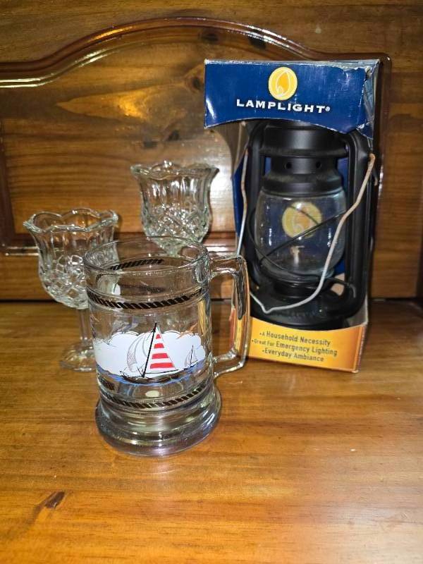 lot 35 image: Princess House Mug, 2 Wine Glasses, Lantern NEW