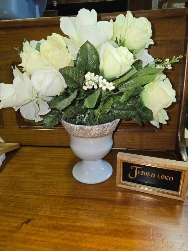 lot 88 image: Decor, White Roses in a Vase and Wall Sconce, with Greenery and White Flowers.