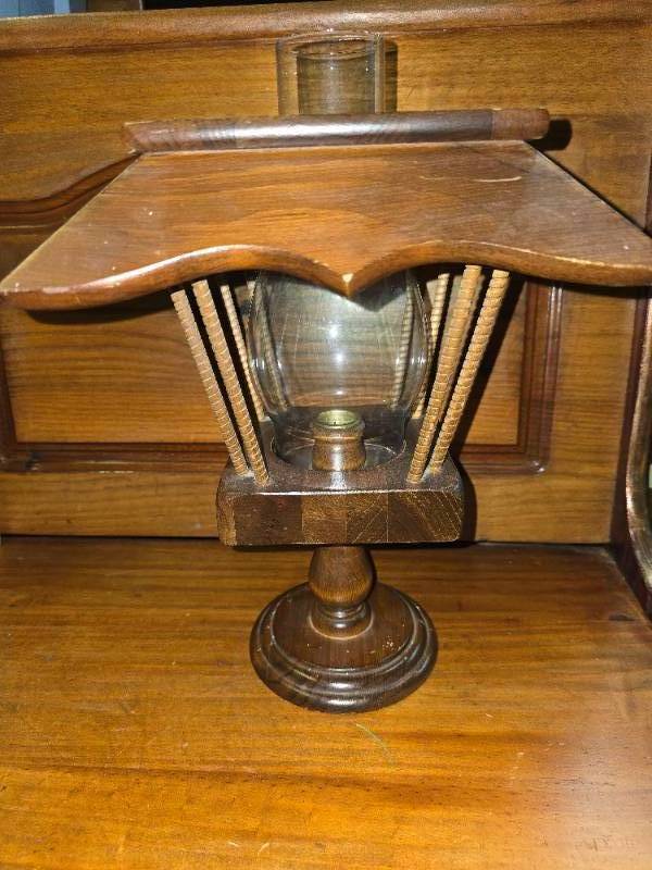 lot 93 image: Cornwall Wood Candle Holder Lantern, made in the USA, Metal Tray