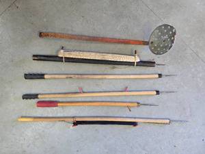 lot 118 image: Lot 1 of 5 Ice Fishing Poles. Red Handle Metal Dipper