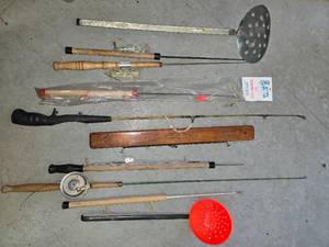 lot 138 image: Lots of Ice Fishing Poles, with 2 Dippers. One Brand New One