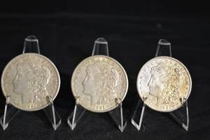 lot 7 image: Morgan Silver Dollar Coins - 3 Coins, Obverse Liberty Head, Reverse Eagle