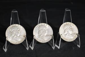 lot 21 image: Franklin Half Dollars (Lot of 3) - 1948-1963, 90% Silver US 50c Coins