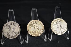 lot 24 image: Walking Liberty Half Dollars - 3-Coin Assortment (1916-1947)