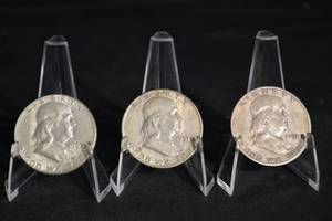 lot 36 image: Franklin Half Dollars - 1950s Set of 3 Coins