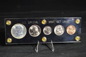 lot 63 image: U.S. Special Mint Set 1966 SMS - 5 Coin Kennedy Half Dollar, Dime, Nickel, Quarter, Cent