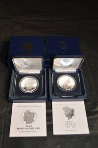 lot 107 image: 2024 Morgan Dollar (San Francisco) & 2024 Peace Dollar (San Francisco) - 999 Fine Silver