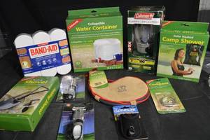 lot 134 image: Coghlans Camping Gear Assortment Water Container, Lantern, Camp Shower, Shovel, Compass