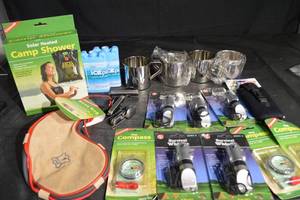 lot 139 image: Coghlans Solar Heated Camp Shower - IcePak Jugs, Map Compass, Survival Whistle 7-in-1, Bota Bag