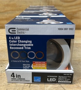 lot 48 image: Commercial Electric 4 in LED Color Changing Interchangeable Recessed Trim lot of 4