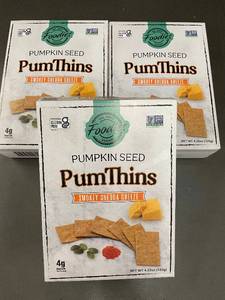 lot 450 image: 3 Foodies Vegan Pumpkin Seed PumThins Smokey Chedda Cheeze 4.25oz Boxes