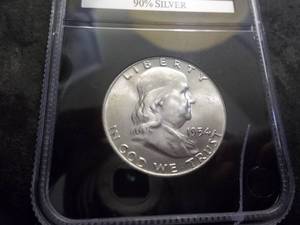 lot 34 image: 1954 Franklin Half Dollar Holdered UNC Full Bell Lines