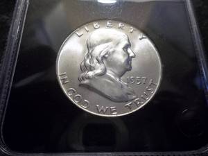 lot 36 image: 1957 Franklin Half Dollar Holdered UNC Full Bell Lines