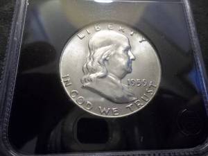 lot 38 image: 1959 Franklin Half Dollar Holdered UNC Full Bell Lines