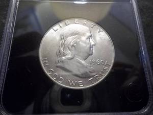 lot 39 image: 1960 Franklin Half Dollar Holdered UNC Full Bell Lines