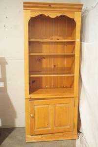 lot 3 image: Wooden Cabinet w 3 shelves (wood & glass) wdoor cabinet on bottom. Arched Top
