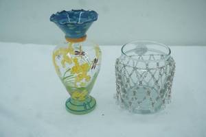 lot 104 image: Hand-Painted Glass Bud Vase, Votive Candle Holder with beaded decoration