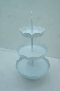 lot 220 image: White Metal 3-Tiered Scalloped Serving Tray