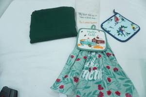 lot 235 image: Hello Fall Potholder & Towel Set-New, hummingbird Potholder-New, Dark Green Tablecloth, Dish Towel