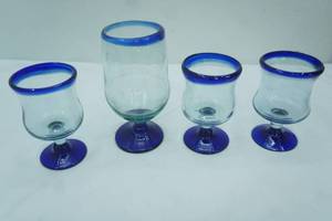 lot 239 image: Mexican Hand-Blown Cobalt Blue Rim Goblets