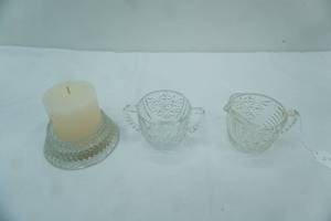 lot 258 image: Vintage Clear Pressed Glass Sugar & Creamer & Pillar Candle Holder