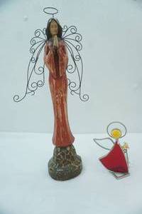 lot 265 image: Carved Wooden Angel Figurine with Metal Wings, Stained Glass & Metal Angel Figurine