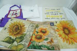lot 267 image: NEW Throw Pillow Covers & Aprons (Purple Hat Ladies & White)