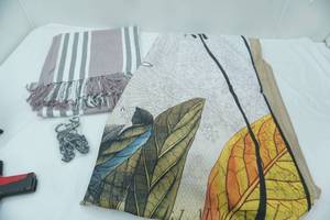 lot 268 image: NEW 2ct Shower Curtains & Hooks, NEW Woven Throw Blanket