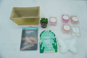 lot 294 image: Avon Milk Glass Butterfly, Wax Melts, Sephora Cactus Foot Mask, Pantyhose, Golden Organizing Bin