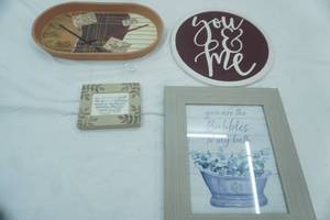 lot 316 image: Wooden Decor Tray, Framed Quotes and other Wall Decor