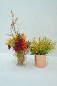 lot 401 image: Artificial Flower Arrangements, Clear Glass Vase, and Hammered Copper Vase