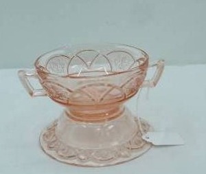lot 409 image: Vintage Pink Anchor Hocking Plate, Clear Glass goblet (have been attached)