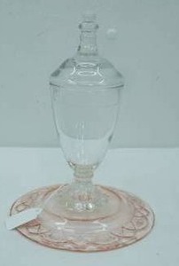 lot 410 image: Vintage Pink Anchor Hocking Plate, Clear Glass Covered Candy Dish (have been attached)