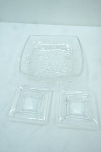lot 416 image: Crystal Cardinal 8 Square Serving Bowl & 2 Crystal Leaf Candle Holders