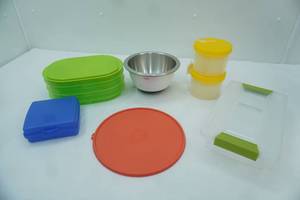 lot 424 image: Plastic Food Storage Containers and Steel Serving Bowl 1.5qt