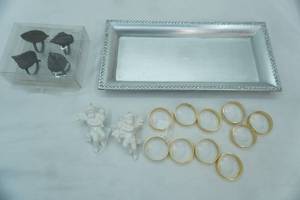 lot 479 image: Decorative Silver Metal Rectangular Tray, napkin rings and 2 ceramic cherub ornaments