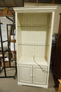 lot 486 image: Wooden Lighted Cabinet w2 adjustable glass shelves