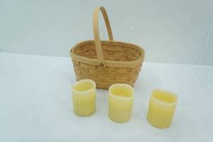 lot 523 image: 3 Battery Operated Pillar Candles and Wooden Woven basket