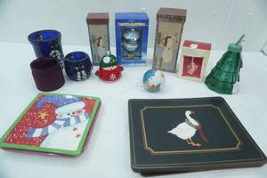 lot 524 image: Christmas Decor Lot Glass Mosaic Candle Holders, Hallmark Ornament, Placemats, Ceramic Plates, Polar Express Ornament & More