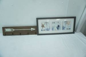 lot 557 image: Painted Arrow on Wood Coat Rack, Seashell Wall Decor