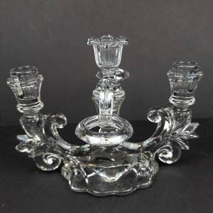 lot 2 image: Crystal 4-Arm Candelabrum with Teardrop Prisms - Glass Candle Holder -missing 2 prism and holder