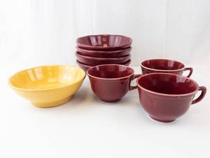 lot 8AA image: Hall USA Burgundy Dinnerware Set - 3 Burgundy Mugs, 4 Burgundy Bowls, 1 Yellow Bowl (1102)