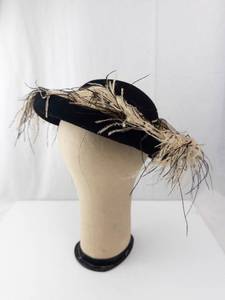 lot 304 image: Cloche Hat - Black Felt with Beige Feather Trim, Vintage Style Dress Accessory