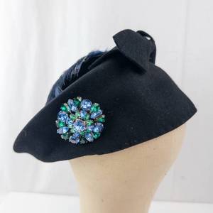 lot 306 image: Black Felt Fascinator Hat - Blue Feather Accent & Rhinestone Brooch