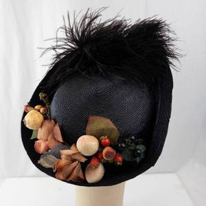lot 321 image: Feathered Black Hat - Feather Plume & Floral Berry Embellishment